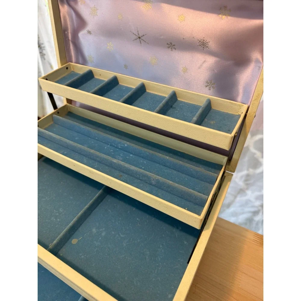 Vintage Cream Faux Leather Multi Tier Jewelry Box Blue Velvet Lilac Satin Lining